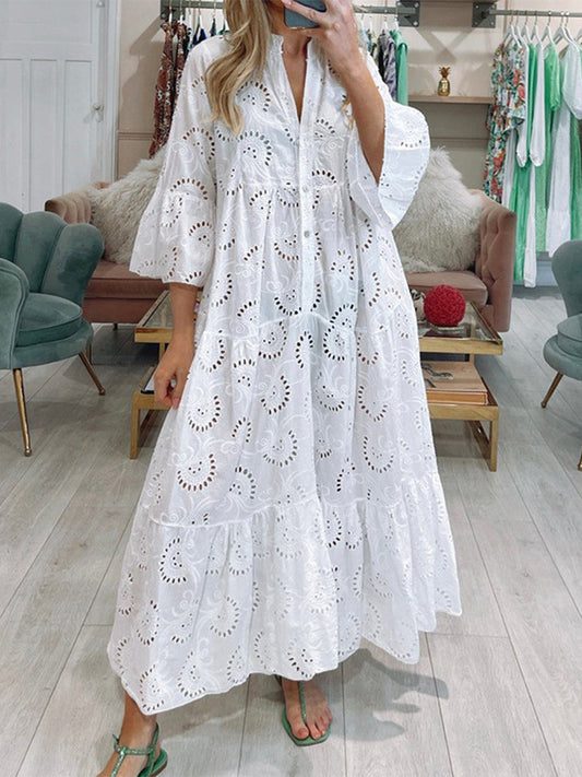 Lace Hollow V-Neck Trumpet Sleeve Dress