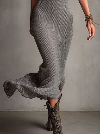 Chic Gray Textured Knit Spaghetti Slip Dress With Lace Trim