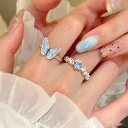 Cute Blue Copper Zircon Butterfly Rings Two-Piece Set