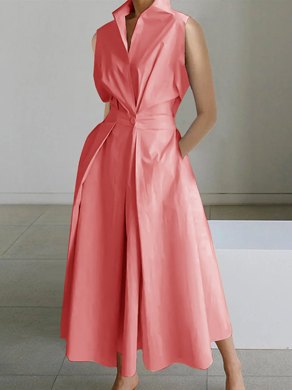 2024 Hellgrünes Baumwollkleid mit Peter-Pan-Kragen und Taschen, ärmellos