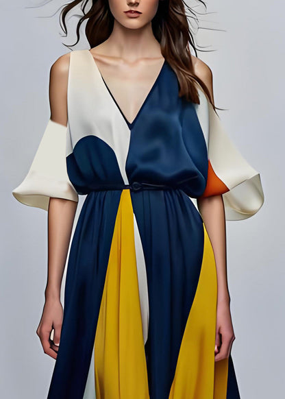 Stil Colorblock V-Ausschnitt Cold Shoulder Seide Maxikleider Sommer