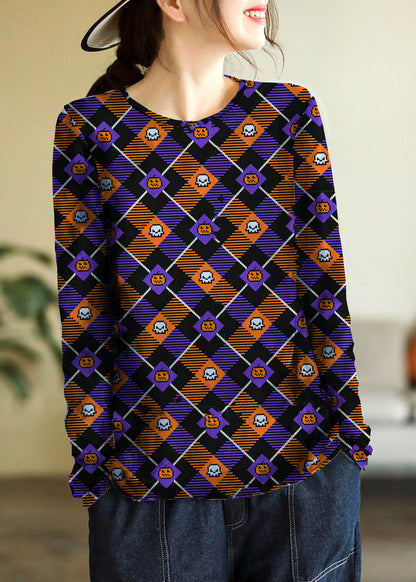 Elegante top de punto de algodón con estampado de cuello redondo amarillo y manga larga