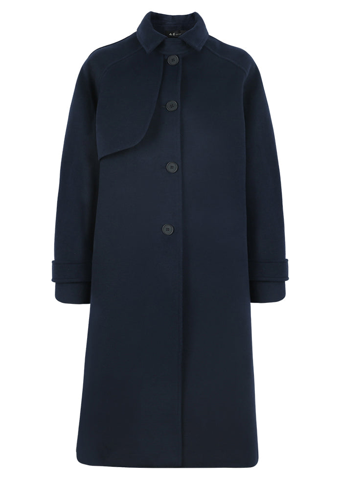 Modischer, locker sitzender Trenchcoat für den Frühling, Marineblau, Wollmantel mit Taillenbund