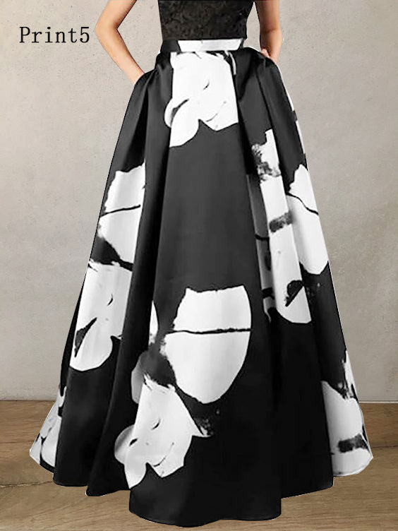 Bohemian Black-Crane Hohe Taille Taschen Blumendruck Baumwolle A-Linie Rock Sommer