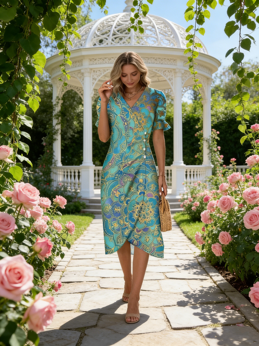 Ethnic Flounce Sleeve Wrap Hem Dress