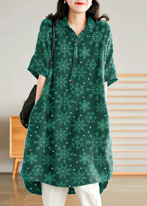 Vestido camisero informal de lino para mujer, color blanco jade y copos de nieve
