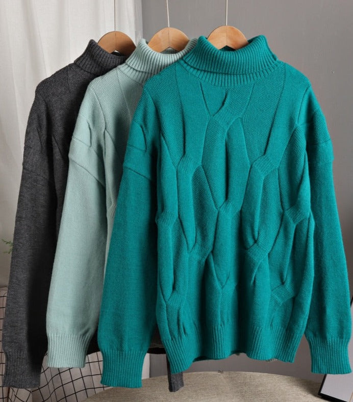 High-Neck 3D Cable-Knit Oversized Sweater