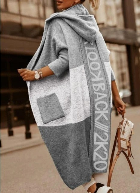 Long-Sleeved Hooded Oversized Knit Cardigan with Letter Print