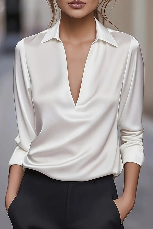 Solid Color Satin V-neck Long-sleeved Casual Shirt