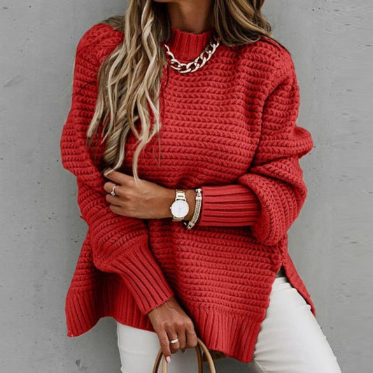 High-Neck Chunky Knit Oversized Sweater with Side Slit
