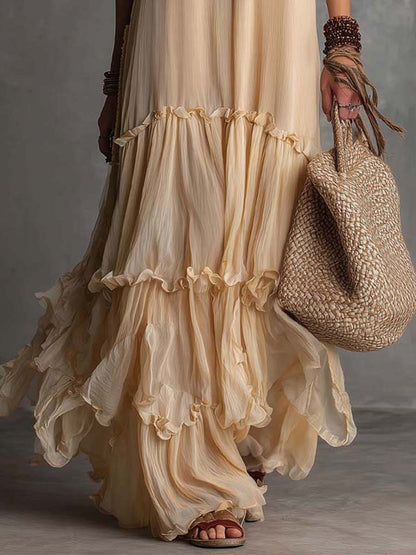 Soft Cream Vintage Flow Boho Tiered Ruffle Maxi Dress