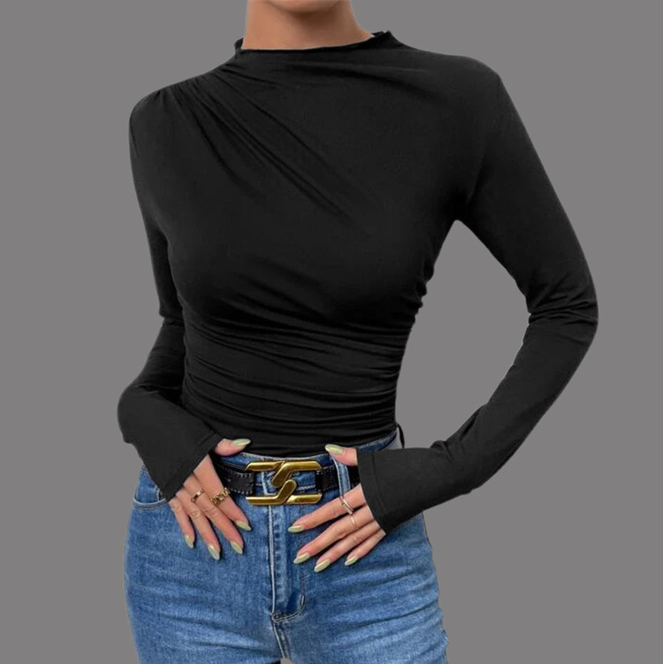 Women's Casual Solid Ruched Long Sleeve Slim Fit T-Shirt