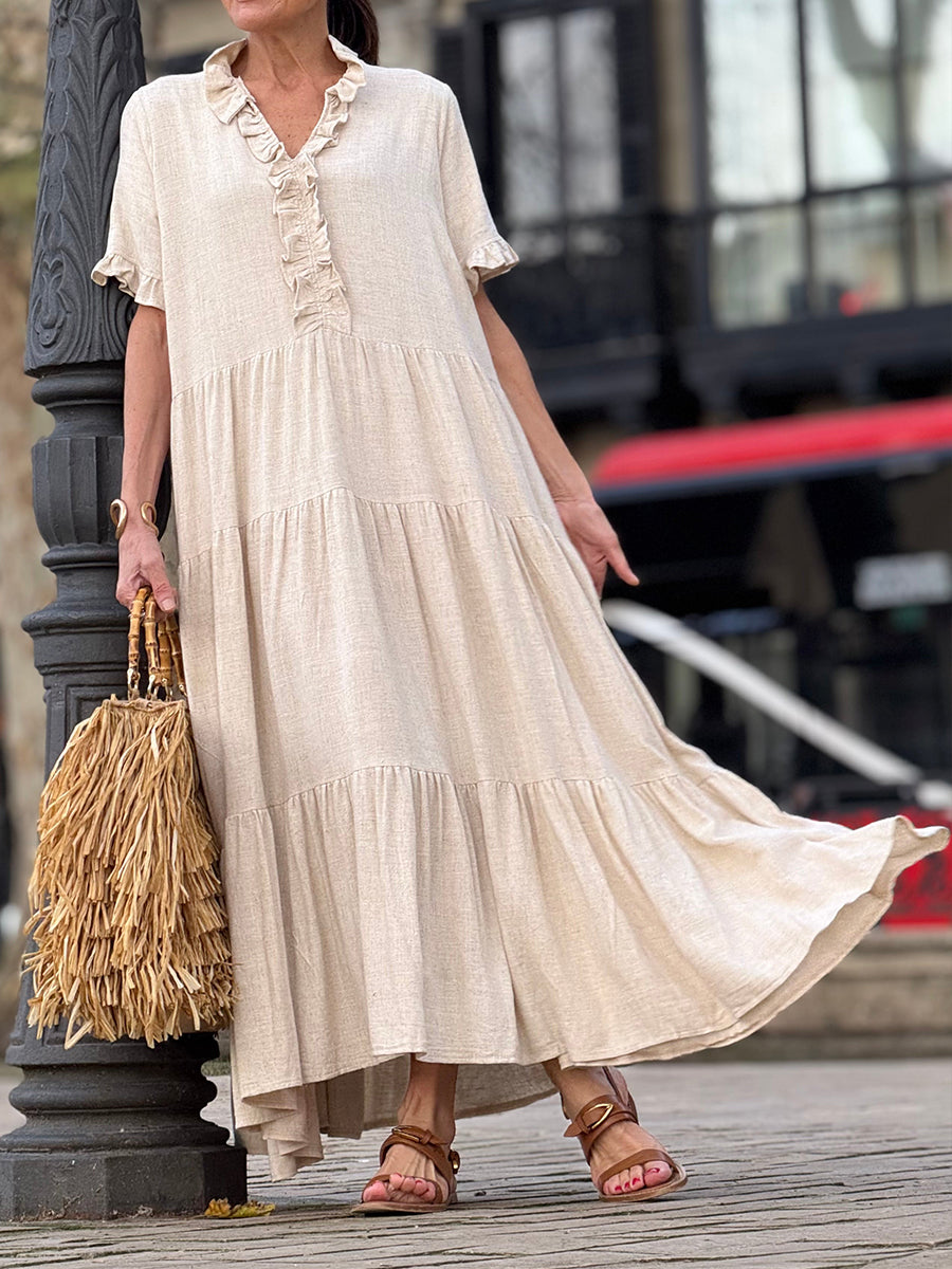 Ruffle Collar Cotton Linen Pocket Dress