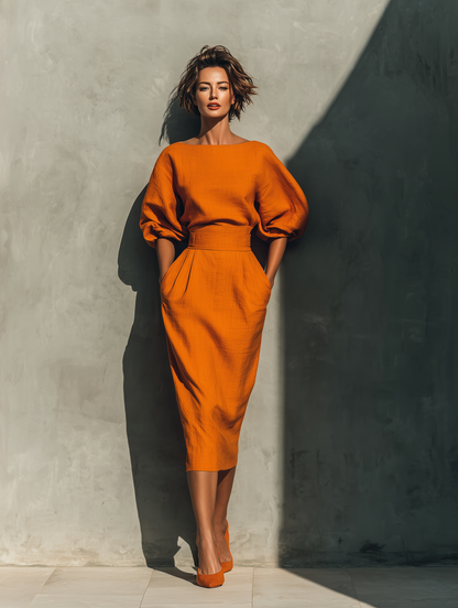 Women's Orange Mid-sleeve Top And Midi Skirt Set