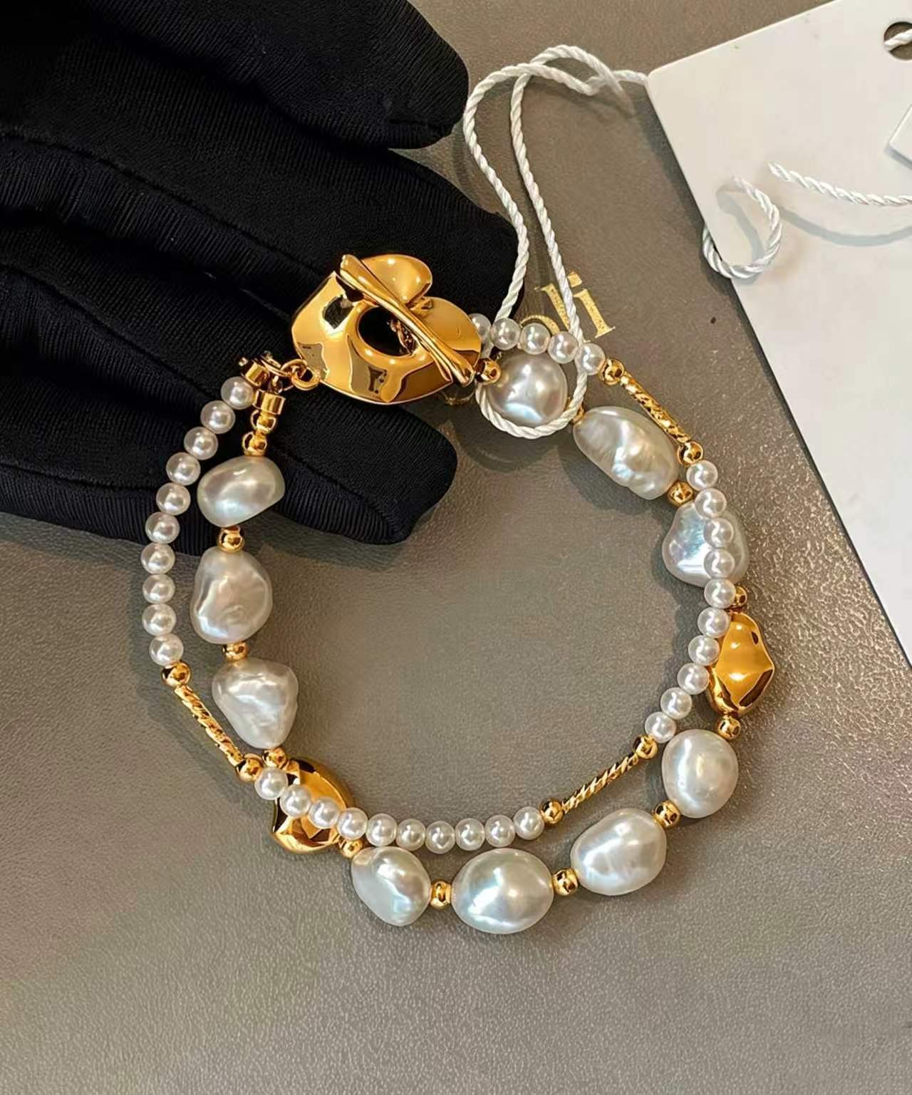Stylish Gold Copper Overgild Pearl Double Layer Charm Bracelet