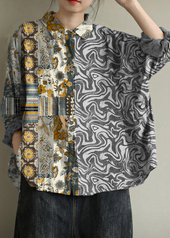 Kunst grau Geometrie Tunika Muster Revers Baggy Herbst Top