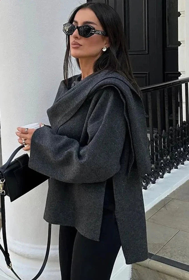 Deep gray wrap-style wool blazer