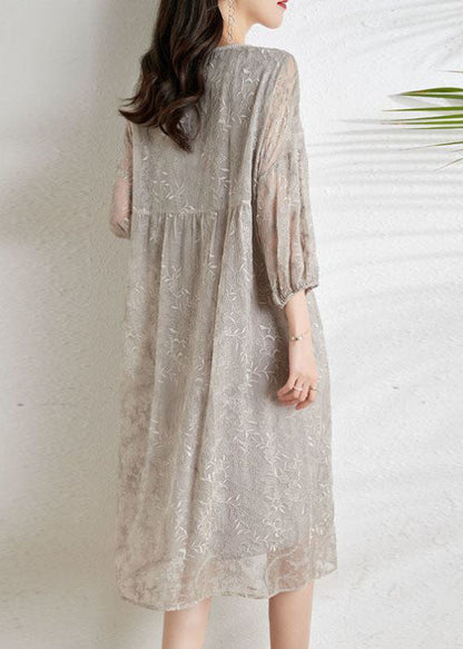 Fashion Light Grey Cinched Embroidered Chiffon Vacation Dresses Three Quarter sleeve