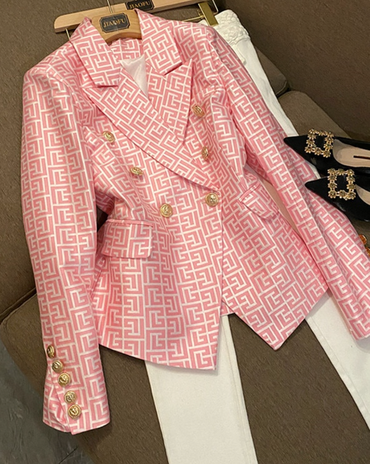 Double-breasted gold-buttoned fashion blazer with multiple herringbone patterns