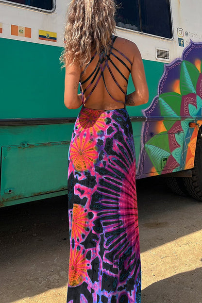 Tie-Dye Lace-Up Stretch Maxi Dress