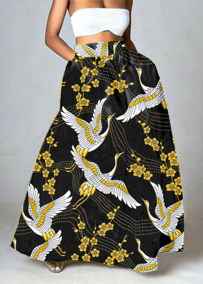 Bohemian Black-Crane Hohe Taille Taschen Blumendruck Baumwolle A-Linie Rock Sommer