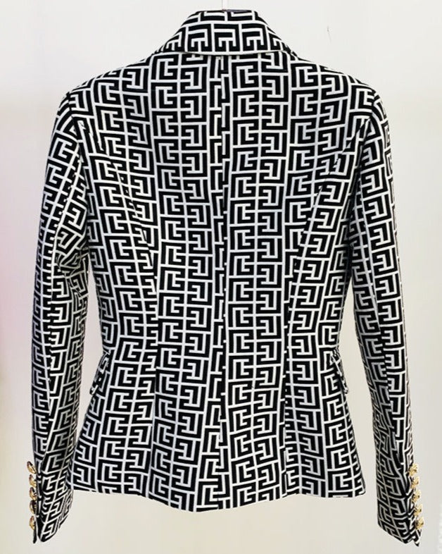 Double-breasted gold-buttoned fashion blazer with multiple herringbone patterns