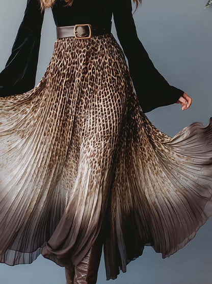 Leopard Ombre Pleated Maxi Dress with Fitted Velvet Bodice