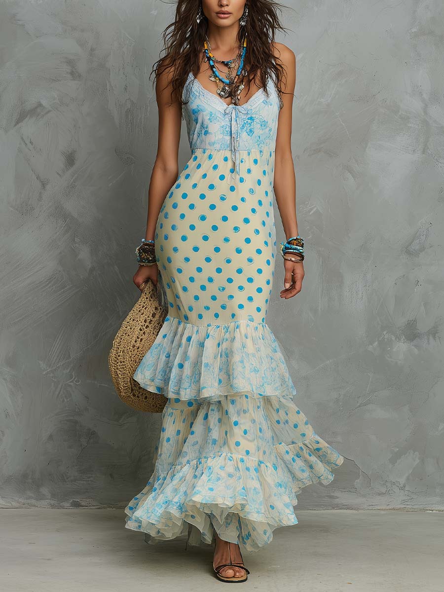 Boho Polka Dot Chiffon Maxi Dress With Tiered Ruffle Hem