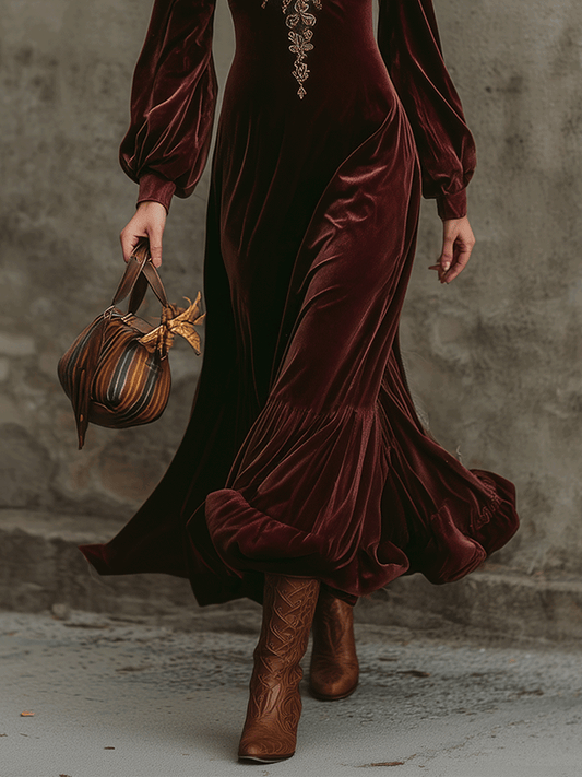 Elegant Retro Romantic Burgundy Velvet Embroidered Maxi Dress