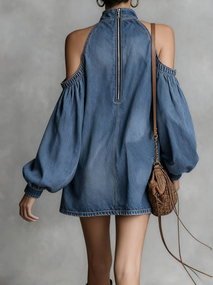 STAND COLLAR DENIM MINI DRESS
