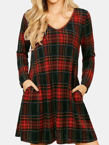 Women Christmas Plaid Print Loose Holiday Knee-Length V-Neck Sexy Dress