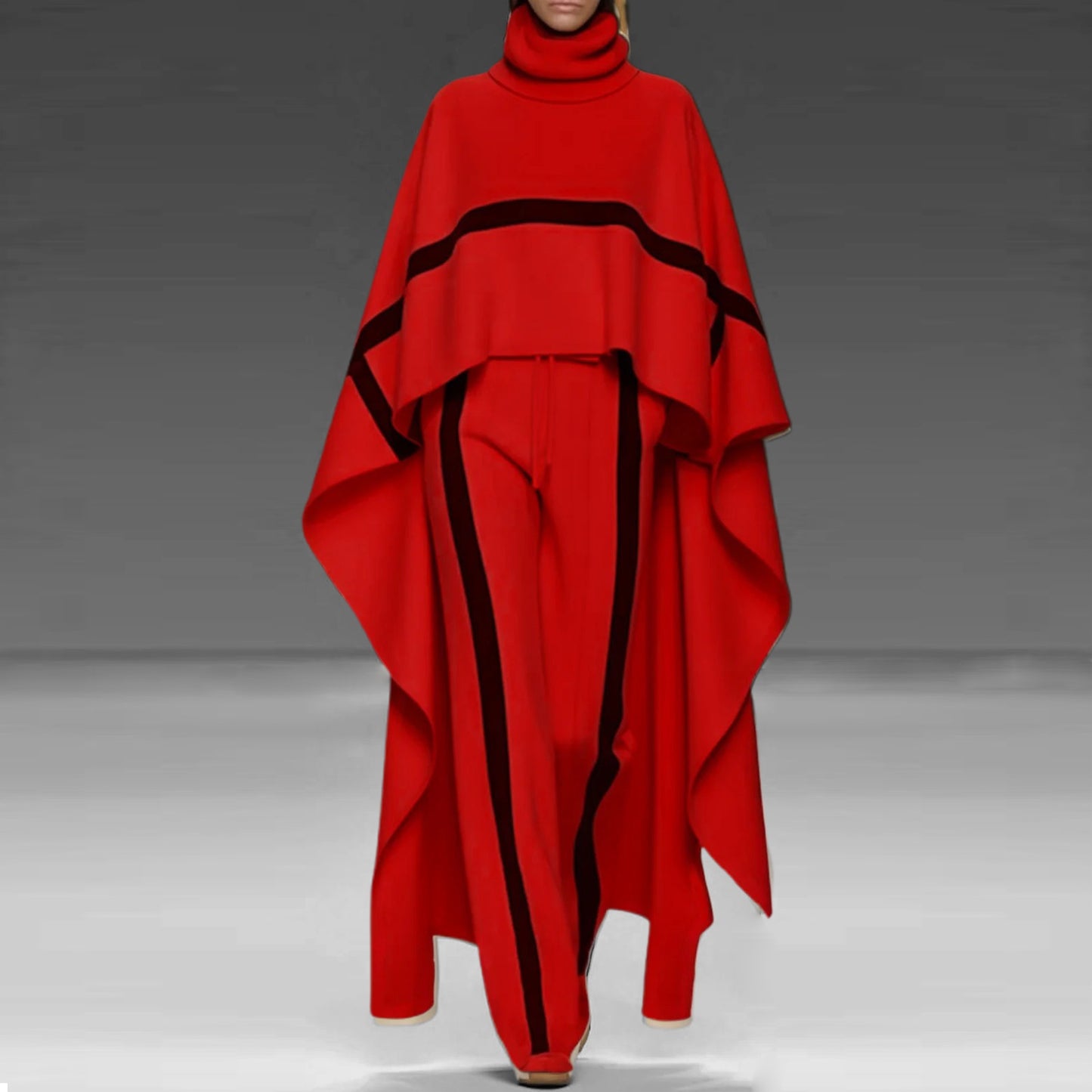 Women's Fashion Striped Turtleneck Asymmetrical Cape & Drawstring Pants 2Pcs Set