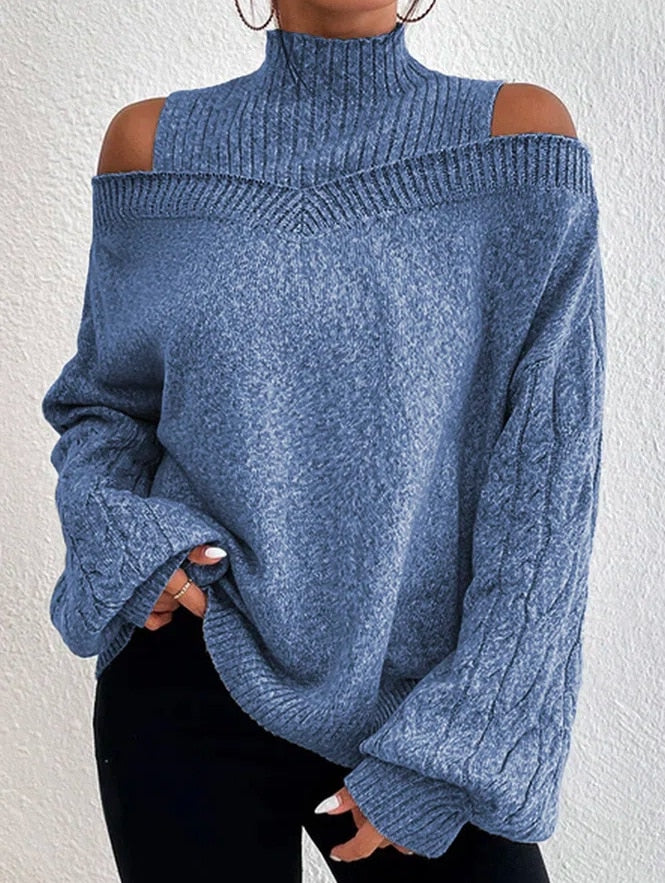 High-Neck Off-Shoulder Cable-Knit Oversized Sweater