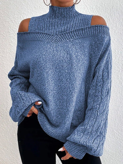 High-Neck Off-Shoulder Cable-Knit Oversized Sweater