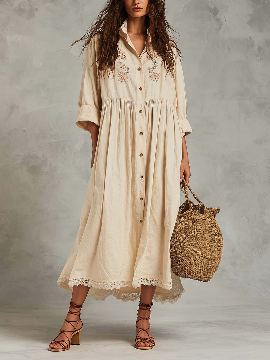 Embroidered Cotton-Linen Button Midi Dress