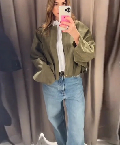 Olive Green Suede Oversized Lapel Casual Jacket