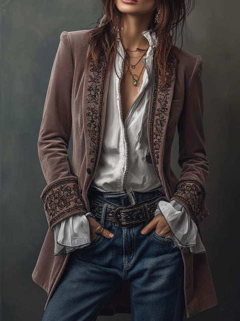 Vintage Navy Velvet Embroidered Long Jacket