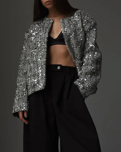Fashionable Silver-Black Sequined Chunky Knit Oversized Top