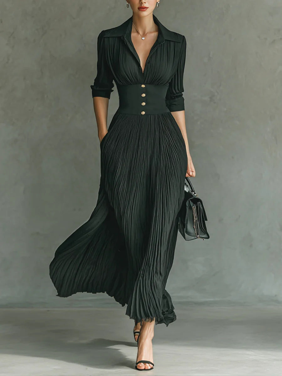 Elegant Pleated Lapel Waisted Long-sleeved Maxi Dress