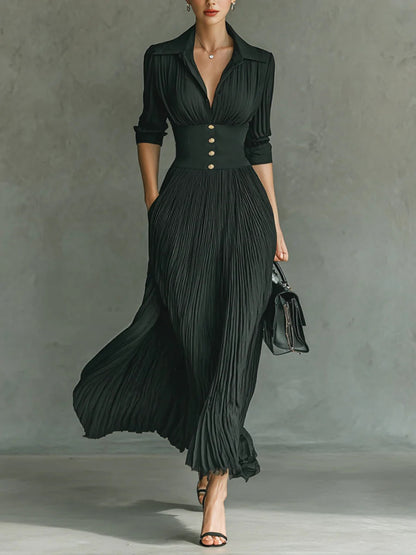 Elegant Pleated Lapel Waisted Long-sleeved Maxi Dress