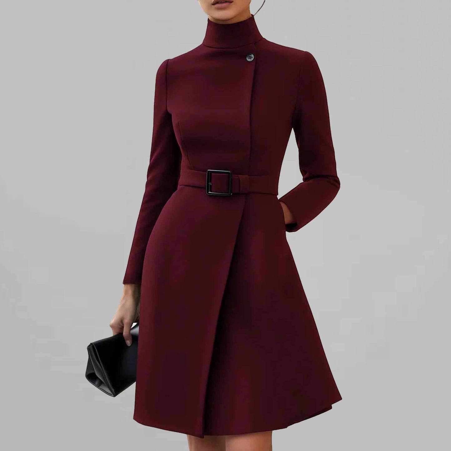 Women's Elegant Burgundy High Neck Long Sleeve Pocket Belted Coat Midi Dress