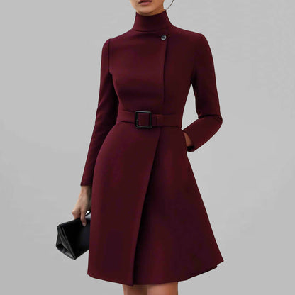 Women's Elegant Burgundy High Neck Long Sleeve Pocket Belted Coat Midi Dress