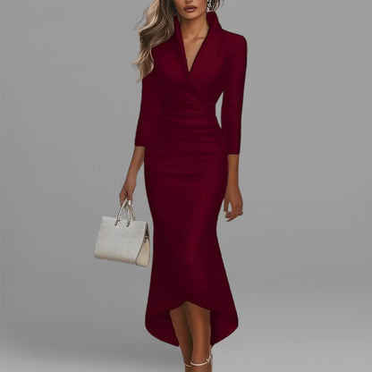 Women's White Satin Wrap V Neck 3/4 Sleeve High Low Hem Bodycon Maxi Dress