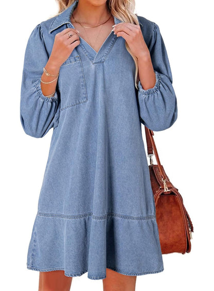 ✨Women's V-neck Puff Sleeve Denim Layered Dress