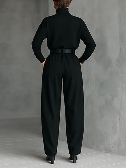 All-black Turtleneck Long-sleeved T-shirt And Straight-leg Pants Two-piece Set (including Belt)