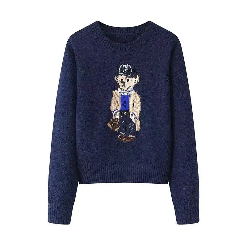 Milky White Two-Piece Style Striped Collar Bear Embroidered Preppy Knit Sweater