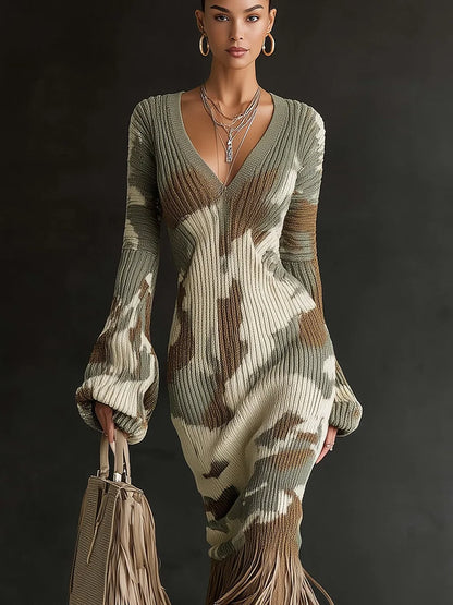 Olive Camo Fringe Knit Midi Dress