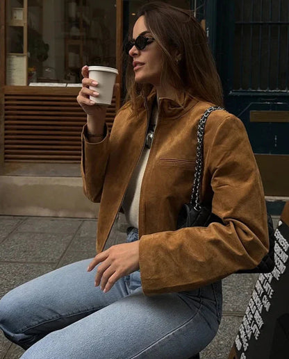 Camel Suede Stand Collar Zipper Short Casual Jacket