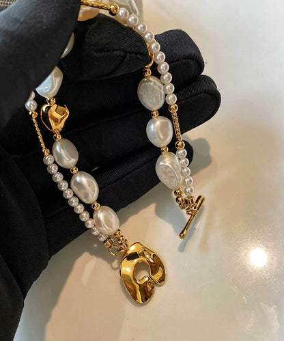 Stylish Gold Copper Overgild Pearl Double Layer Charm Bracelet