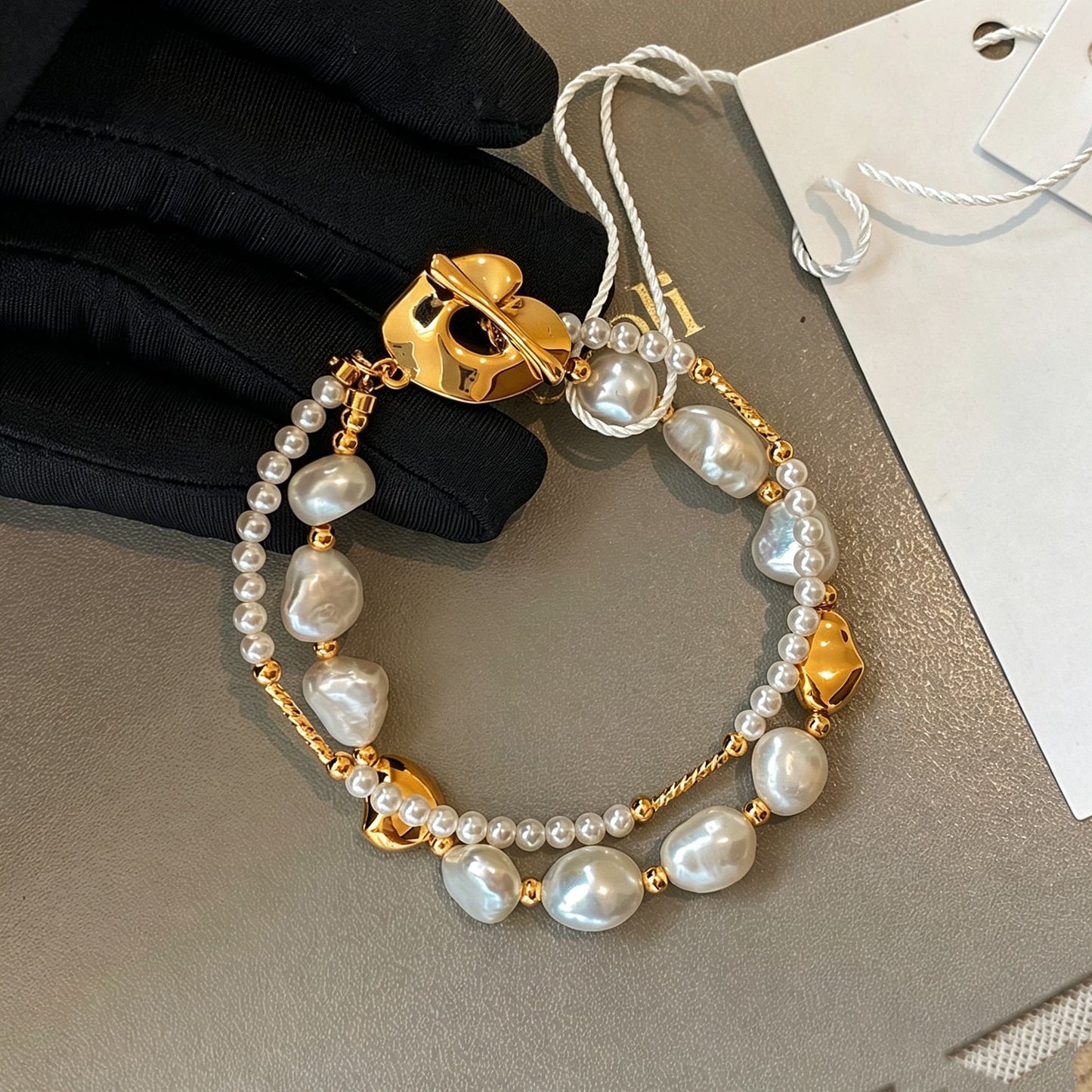 Stylish Gold Copper Overgild Pearl Double Layer Charm Bracelet